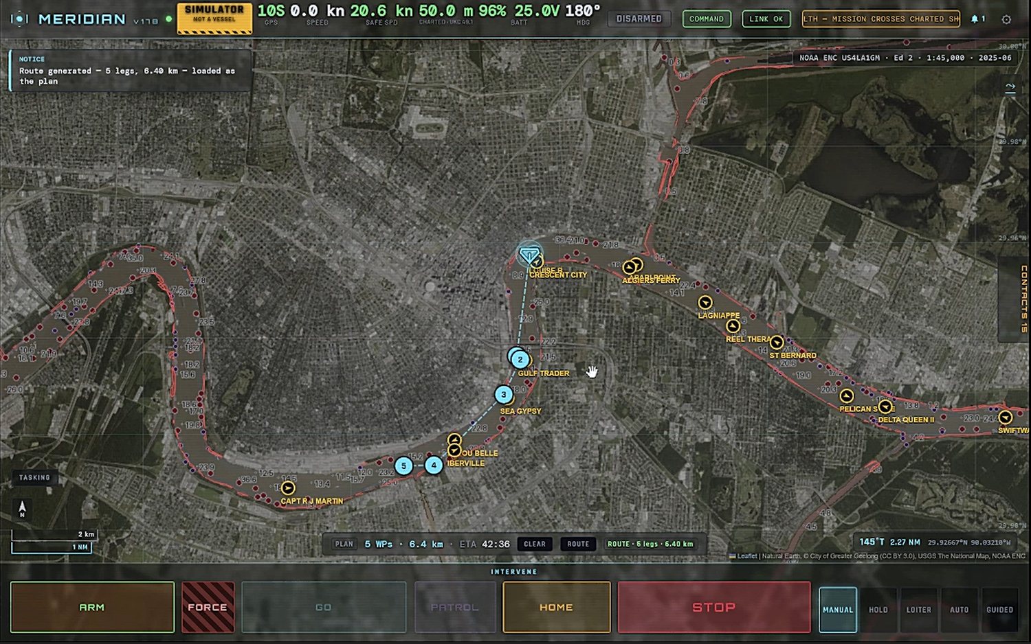 The operator console over the Mississippi at New Orleans. A generated five leg route is loaded as the plan, fifteen AIS contacts are tracked and named, the header warns that the mission crosses charted shallow, and the console is labelled SIMULATOR, NOT A VESSEL.